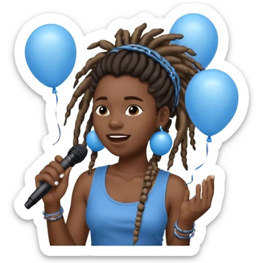 Black girl Stud with dreadlocks singing 1,2,3 release em with white and blue balloons flying overhead emoji like with mic in hand  sticker