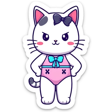 Cute short cat girl with bow, big head and small body in a colorful swimsuit, kawaii style sticker