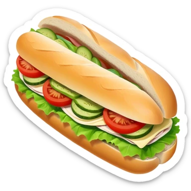 sandwich with turkey, lettuce, pickles, mayonnaise, and tomatoes on a baguette sticker