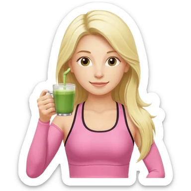 long haired blonde pilates instructor in pink drinking matcha in cute set sticker