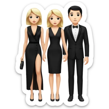Blonde woman, black, Long, tight, sleveless Dress, Slot left Leg, man, black Hair, in Dinner jacket sticker