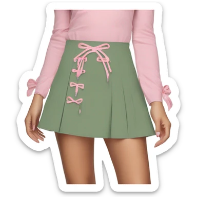 Sage green a-line mini skirt with pink lace up on the sides and bows and embroidery, isolated sticker