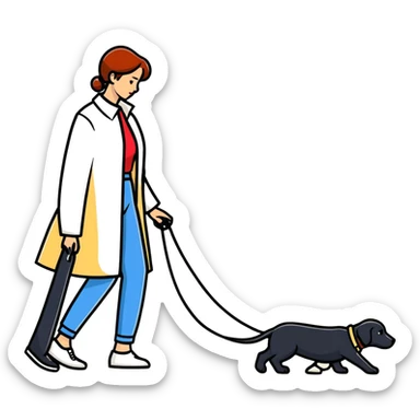 woman walking a man on leash who is on all fours sticker