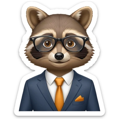 Pixar-style raccoon with glasses and an expensive business suit sticker
