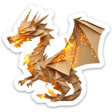 Charred flaming Beige Origami dragon made of newspapers on fire letters on fire burnt paper surrounded by fairy lights swirls covered in dried flowers bokeh floral flowers fire flames sticker