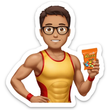 Ironman athletic built wearing a singlet, tan, sutro glasses, half tights, gels for running and loves recess pieces and watching tv but also a social worker sticker