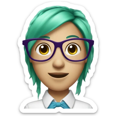 Nerd emoji, female, with green ponytail and purple glasses and blue eyes sticker