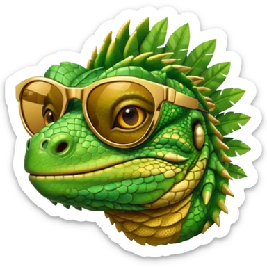 rich iguana head with golden glossy sunglasses sticker