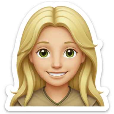 blonde with long hair and swamp-colored eyes, smiling, iOS Apple emoji style sticker
