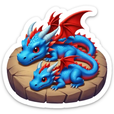 un couple de dragons rouge et bleue trop mignons endormis dans leur tanière. sticker