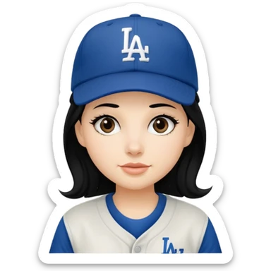 Can you make an emoji of a girl with fair skin with black hair wearing an LA dodger hat sticker