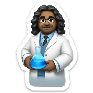 a fat chemist in a white coat with long wavy black hair holding a beaker with bright blue liquid, he has no glasses sticker