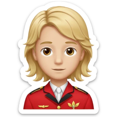 SARI SAÇLI SAÇININ YARISI SOLA DOĞRU DİĞERİNİN SAĞ TARAFTA AMA DÜZ DURAN KAHVERENGİ GÖZLÜ UZUN KİRPİKLİ BUĞDAY RENKLİ KIRMIZI ÜNİFORMALI BİR ERKEK ÇOCUK sticker