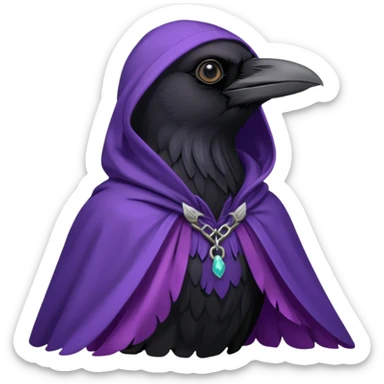 black realistic raven wearing a purple hooded cloak sticker