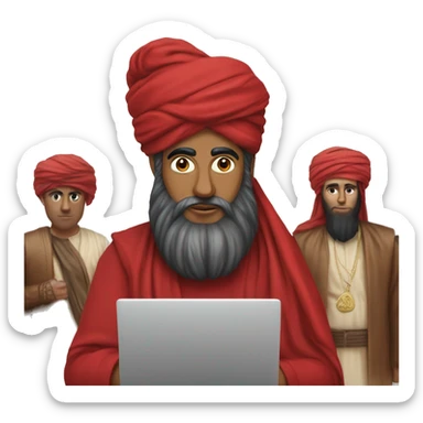 A caliph with turban and red clothes writing in a laptop sticker