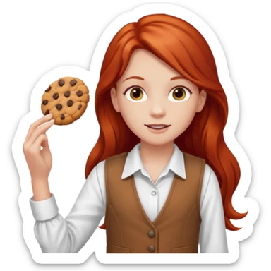 white girl scout with red long hair selling cookies with a brown vest and white shirt under vest. She should be around 10 years old sticker