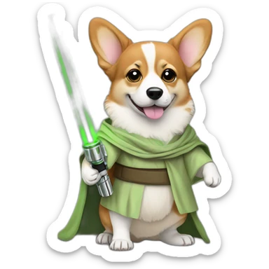 Corgi dress as yoda with one light saber green sticker