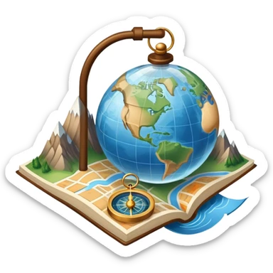An icon featuring a globe, a compass, and a map, symbolizing geography. The design includes mountain ranges, rivers, and continents, representing the study of Earth’s landscapes and environments. Transparent background highlights the exploration and understanding of the world’s geography. sticker