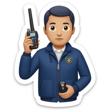 Security, Middle-aged, wearing navy blue jacket, serious facial expression, holding walkie-talkie, full body sticker