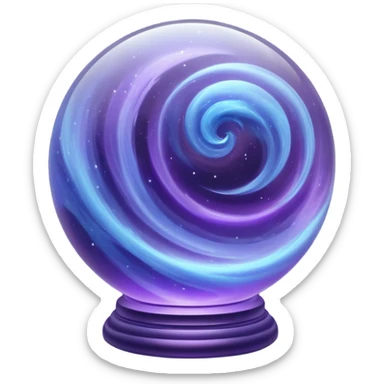 A glass sphere filled with swirling purple and blue dust, glowing softly, 3D. Use muted, calm purples and blues instead of bright neon tones, to create a harmonious and elegant look. sticker