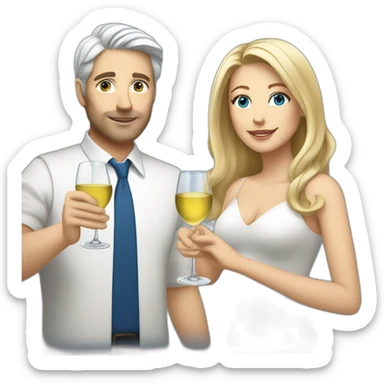 A white woman with brown eyes and blond medium long hair and a white man with blue eyes and grey hair, toasting with a glass of white wine sticker