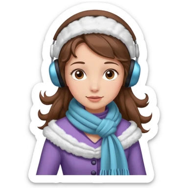 Victorian ice skater in a long dress. She is wearimg a scarf and earmuffs. She has brown hair. sticker