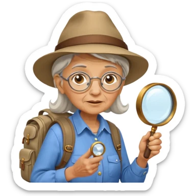Explorer old woman with hat and magnifying glass and backpack, portrait sticker