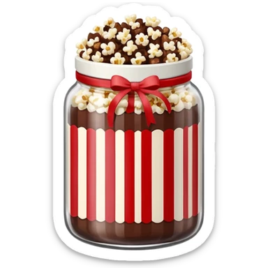 Chocolate popcorn in a jar with red and white vertical lines sticker
