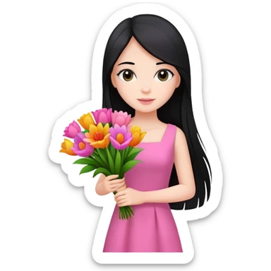 Beautiful girl with long straight black hair, fair skin, wearing pink dress, holding a bouquet of colorful flowers sticker