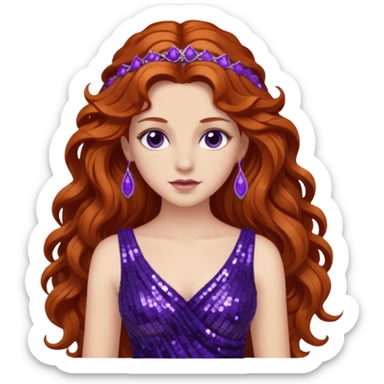 Persephone from Greek Mythology with long auburn wavy hair, dark purple sequin dress sticker