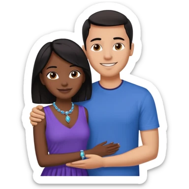 smiling embracing interracial couple. man is tan and has short brown straight hair he is wearing blue. woman has very dark black skin and long dark black hair. she is wearing purple and has matching blue jewelry on sticker