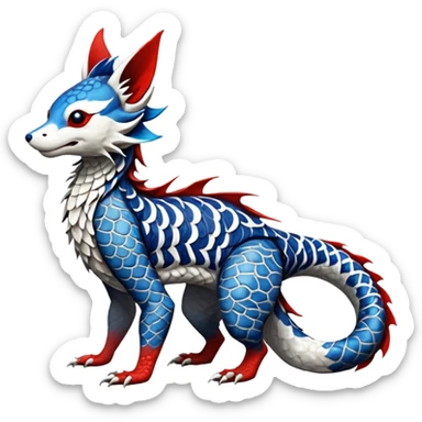 Edgy badass swimmy wet painted intricate ornate Japanese Asian koi-Sergal-Lykoi-Linoone-Electrike-Linoone-Zangoose-fusion-hybrid-animal-Fakémon-creature, full body, thin long sleek scaly tail, intricate markings sticker