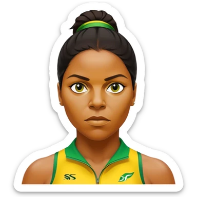 Cinematic Realistic portrait of Cathy Freeman, shown as an iconic Australian sprinter with a focused, determined expression and modern athletic yellow and green attire accented with subtle native motifs, rendered in dynamic, vibrant lighting sticker