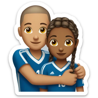 Medium brown girl with long braids hugging boy in soccer uniform with a buzz cut sticker