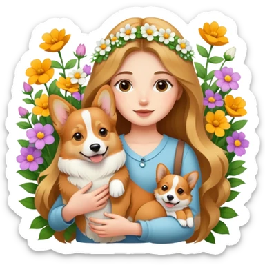 A long-haired girl holding a corgi in the flowers sticker