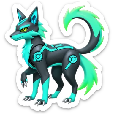 Black and green cyberpunk intricate neon glowing grey white futuristic cyborg-Zeraora-Zoroark-Umbreon-Litten-Salandit-fusion (full body) sticker