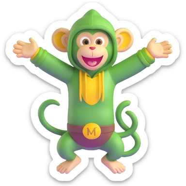 Cute 3D green monkey with big yellow ears, dark hood, and a happy face. Arms open wide, always smiling and full of energy. Friendly, fun, and curious — perfect for preschool kids. sticker
