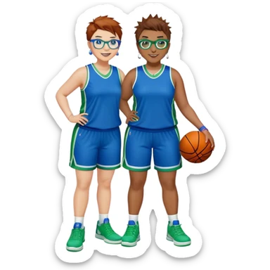 Full Body plus size white female basketball player with short medium brown hair with carmel highlights spikey hair wearing blue glasses 
 wide nose wearing blue green uniform  green sneakers smiling wearing silver hoop earrings sticker