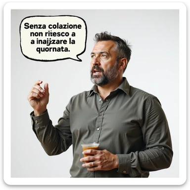 hyperrealistic 4K man isolated on white background, speech bubble saying 'Senza colazione non riesco a iniziare la giornata', relieved expression, realistic details, different pose, variant 8 sticker