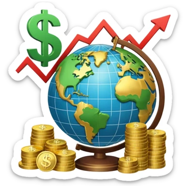 An icon featuring a calculator, a dollar sign, and a chart with upward trends, symbolizing economics. The design includes coins, bills, and a globe, representing global trade and financial systems. Transparent background highlights the study of markets, supply, and demand. sticker