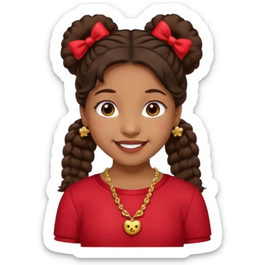 Brownskin girl dark brown hair fluffy. pigtails with red bows brown eyes smiling closed mouth red shirt gold esrrings gold necklace sticker