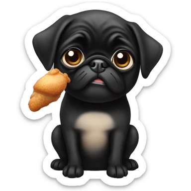 Black pug holding a chicken leg on his had sticker