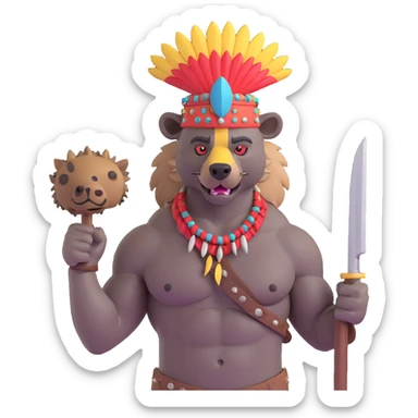 A native strong buff hyena with war bonnet flexing posing full body holding a chopped off human head by the hair  sticker