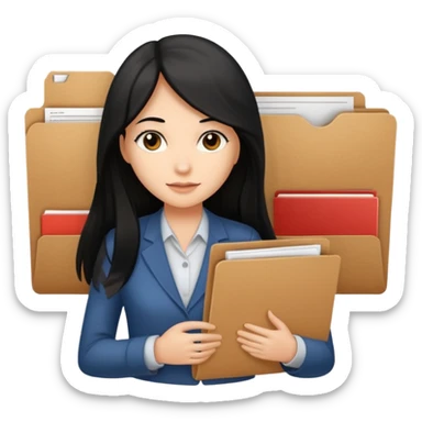 a light tan woman with long black hair past mid-back, round brown eyes and manila folder in her hands sticker