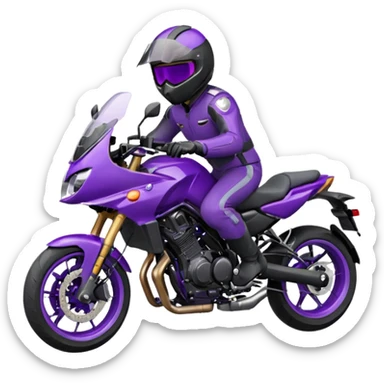Créer un emoji avec une moto mt07 sport noir mate / violet iridescent très foncé, pare-brise de la moto violet. Avec une pilote dessus, visage masqué par la visière violette . Avec en arrière plan cercle violet. sticker