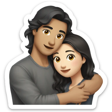 A cute Asian couple hugging each other very tight. The girl has long dark wavy hair and pale skin and dark hazel eyes, the Man has short dark straight hair and bright amber eyes and is pale sticker
