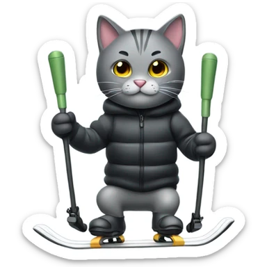 Grey black cat skiing with poles sticker