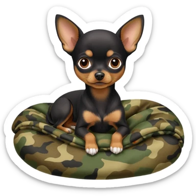 Min-Pin Chihuahua with a dark coat curled up on a camo blanket, small and alert sticker