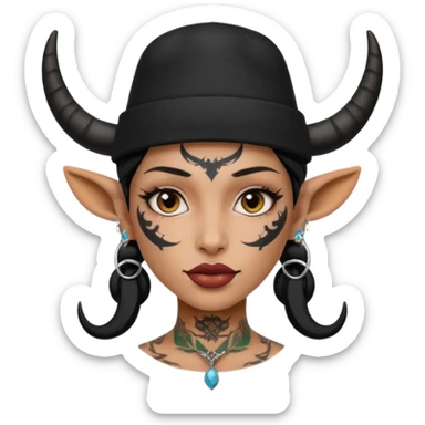 Woman with small horns — black hat, face tattoos sticker