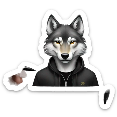 create a wolf in a black shirt and bic pen in hand sticker